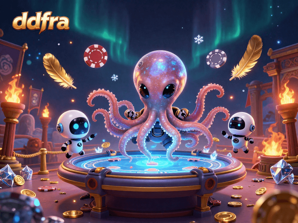 Engage with ddfra’s cosmic poker adventure featuring a colorful alien octopus and robot companion!