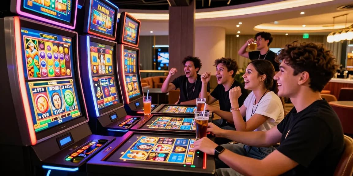group enjoying slot kamboja games at a modern casino lounge