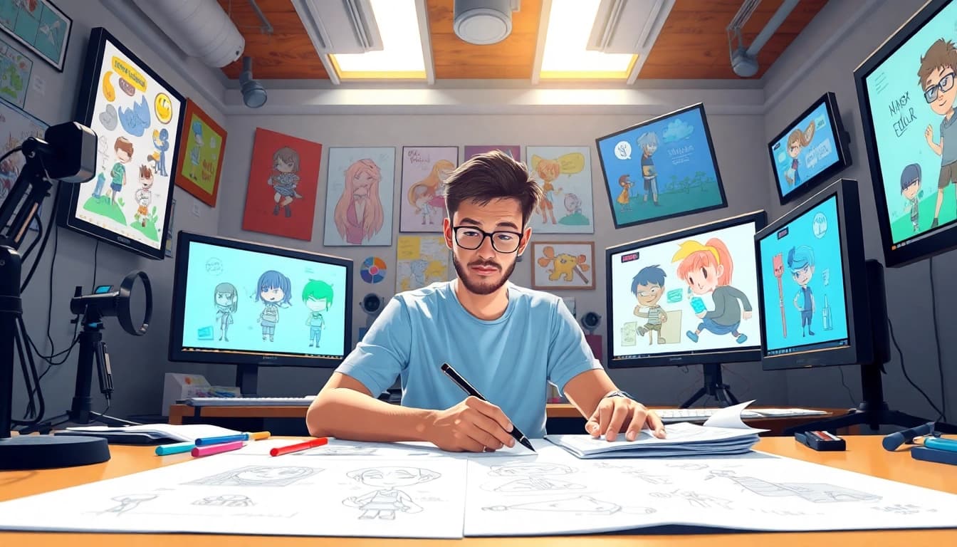 Erstellen von 2D Animation in einem kreativen Studio mit bunten Zeichnungen und Bildschirmen.