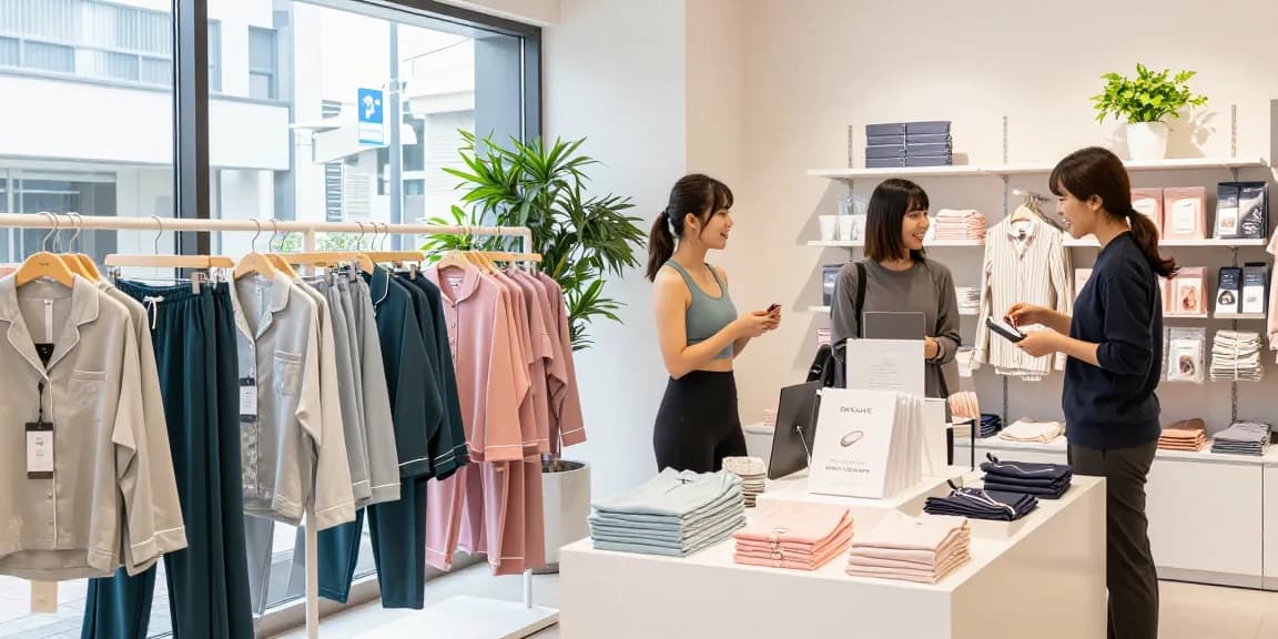 現代的な都市の店舗で活気あるディスプレイの中、バクネ店舗神奈川の回復ウェアをショッピング中。