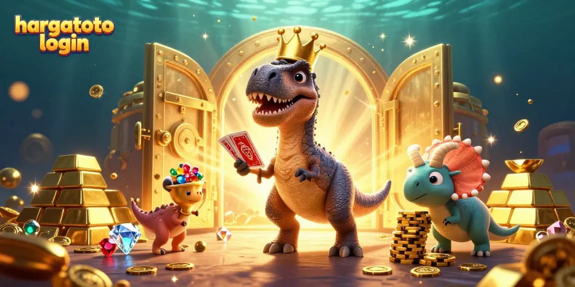 Engage with hargatoto login in a vibrant casino scene featuring playful dinosaur characters.