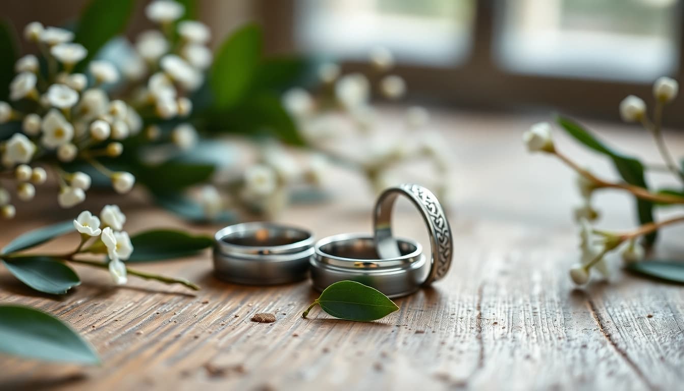 Showcasing elegant mens wedding rings with intricate designs on a wooden table, highlighting their beauty.