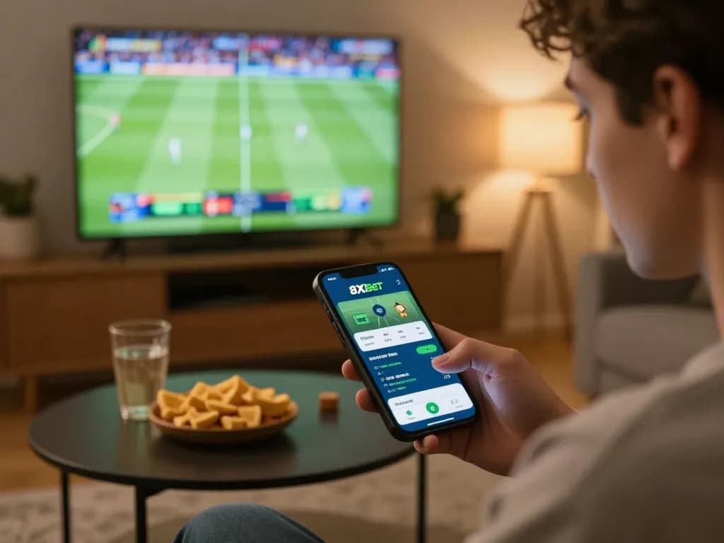 Placing live bets on the 8xbet app while watching a sports match at home with friends.