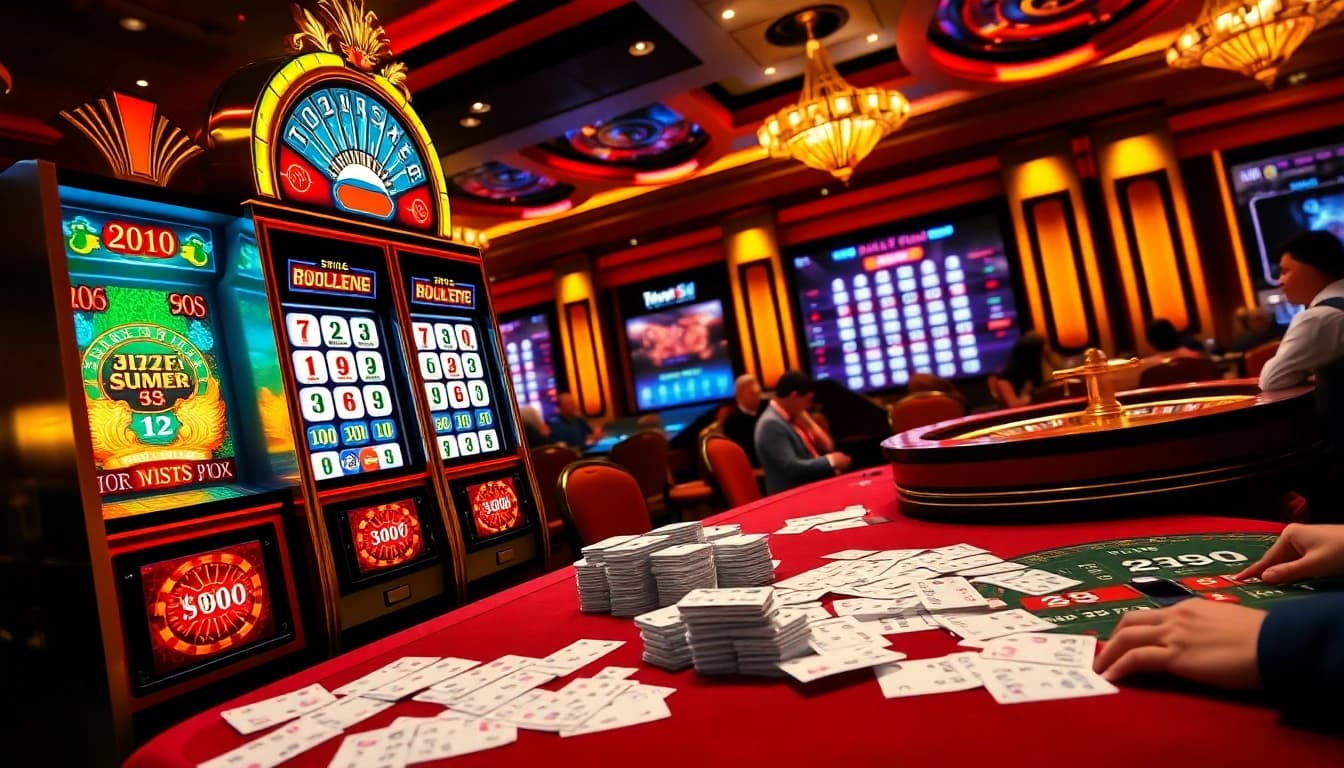 Permainan Togel Sumo dalam aksi dengan para pemain di mesin slot kasino yang penuh warna, menggambarkan kegembiraan dan taruhannya yang tinggi.