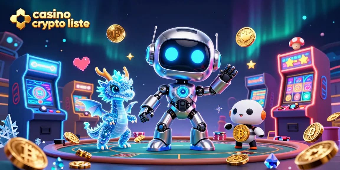 Découvrez la liste des casinos crypto avec un robot et un dragon holographique, ambiance futuriste.