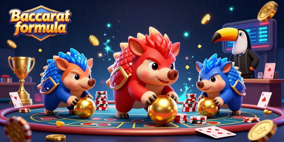 Engage with the Baccarat formula through a colorful 3D action scene featuring rival pangolins in a live casino setting.