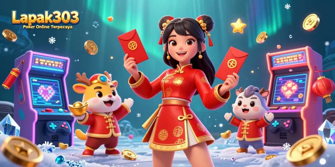 Engage with Lapak303 Poker Online Terpercaya through vibrant gaming and festive celebration scenes.