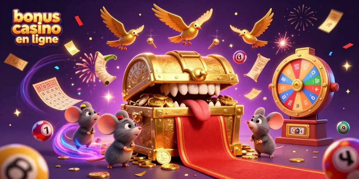 Explorez les meilleures offres de bonus casino en ligne avec un coffre au trésor animé et des éléments de loterie vibrants.