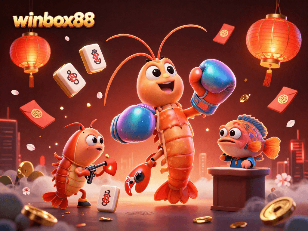 Winbox88 brings excitement with a vibrant 3D casino illustration blending shrimp characters and festive gambling elements.
