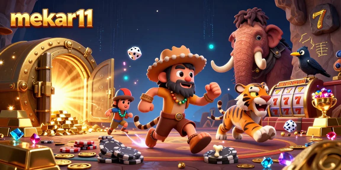 Mekar11 casino scene showcases a caveman and sabertooth tiger winning jackpots with vibrant slot reels.