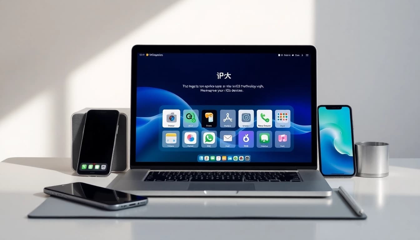 爱思助手下载 interface displayed on a modern laptop surrounded by Apple devices, illustrating advanced iOS management tools.