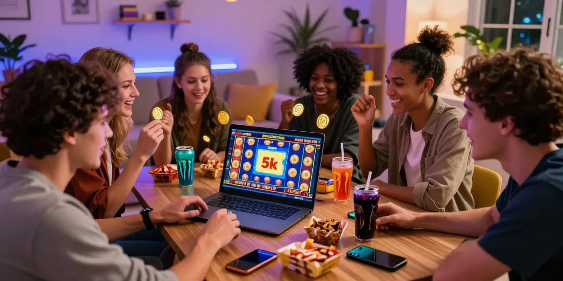 Friends enjoying a slot deposit 5k gaming session online with vibrant graphics and lively atmosphere.