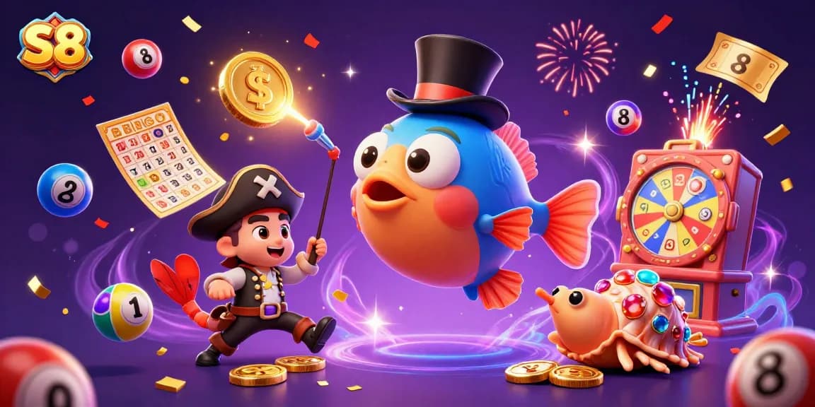 S8 enhances the casino experience with treasure-filled characters amidst vibrant lottery elements.