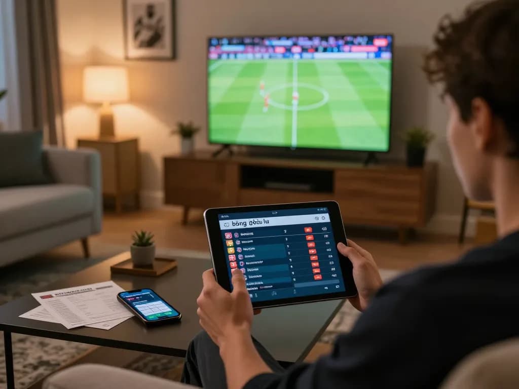 Engaging with bóng đá lu live scores on a tablet in a cozy sports betting setup.