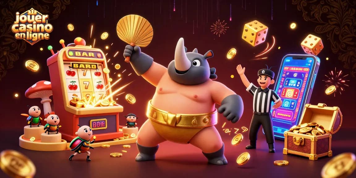 Jouer au casino en ligne avec enthousiasme, comme des personnages animés entourés de pièces d'or et de machines à sous.