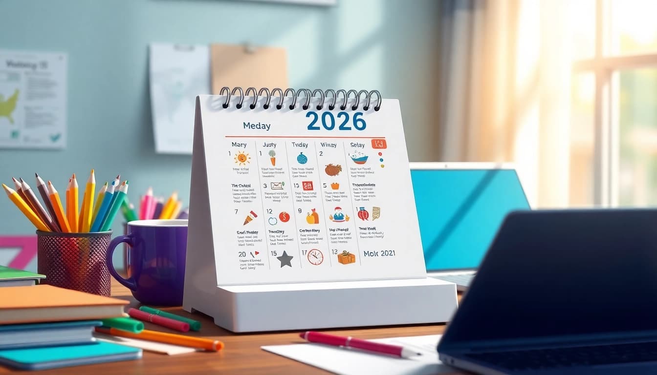 Calendar with holidays in 2026 featuring U.S. festivities, vibrant desk setup with coffee and stationery.