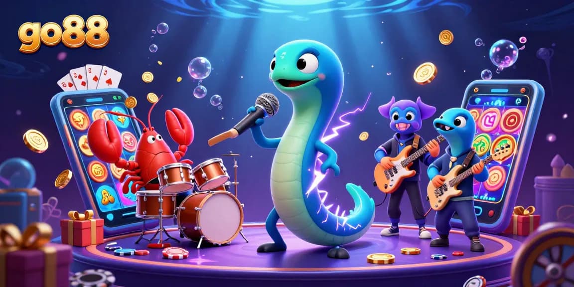 Engage with go 88 at this lively underwater casino featuring an electric eel DJ, music, and gaming elements.