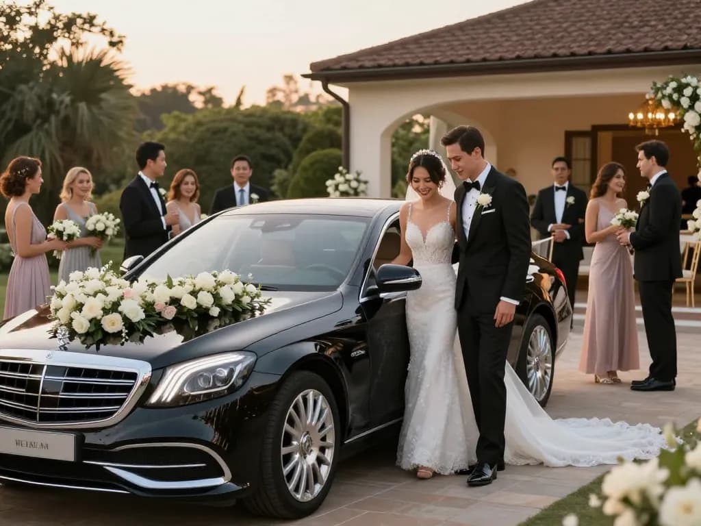 Cảnh đám cưới sang trọng với một chiếc thuê xe cưới Mercedes tại một địa điểm trang nhã, ghi lại khoảnh khắc vui vẻ của cặp đôi cô dâu và chú rể.