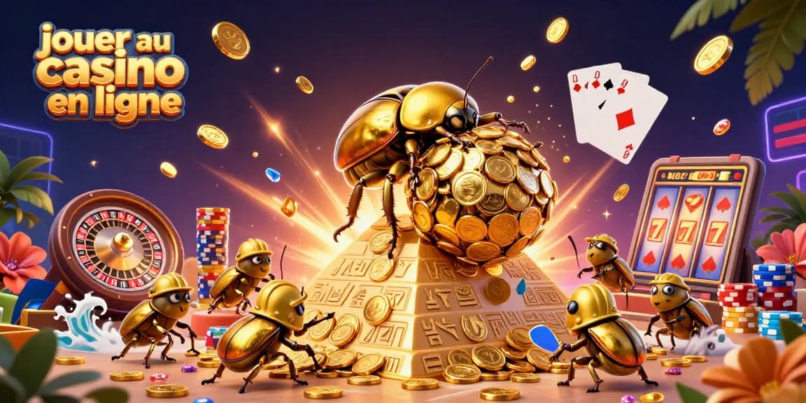 Jouer au casino en ligne avec des personnages ludiques, pièces dorées et symbole de jeu épars.