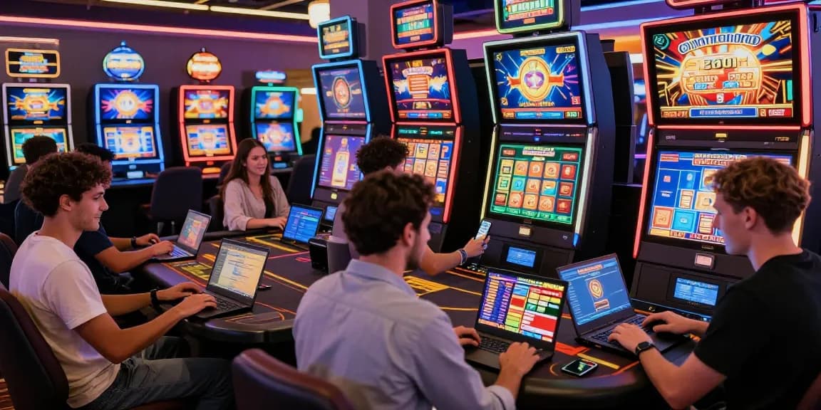 Players engaging at non UK casinos with vibrant game displays and interactive features, showcasing modern online gaming.