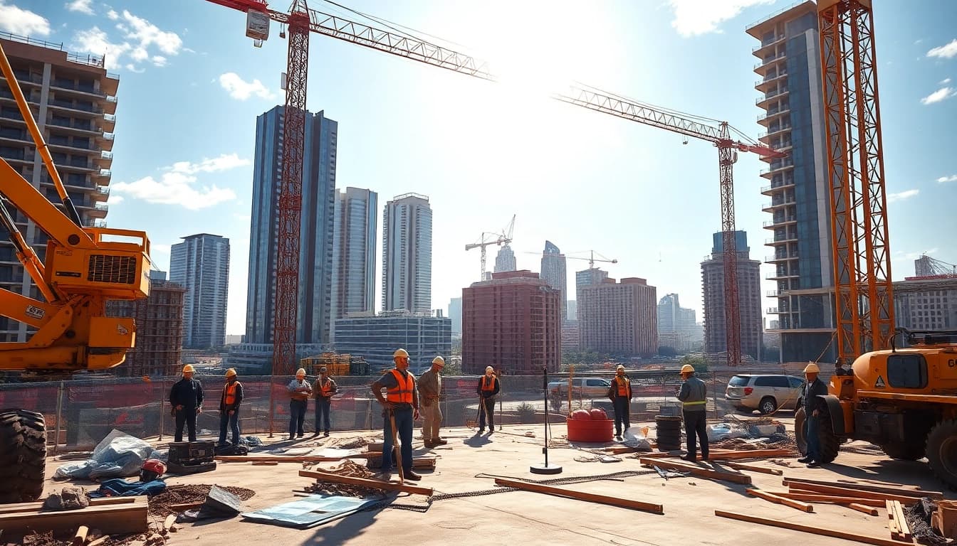 Austin construction site featuring workers and cranes under a bright skyline.