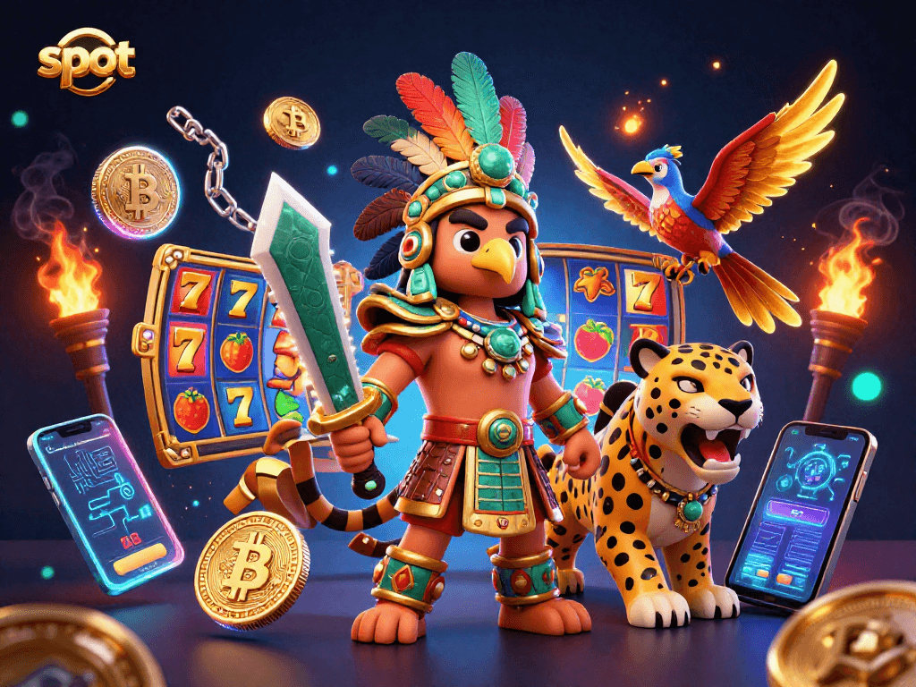 Putaran slot menarik dengan elang Aztec dan jaguar di latar belakang yang megah.