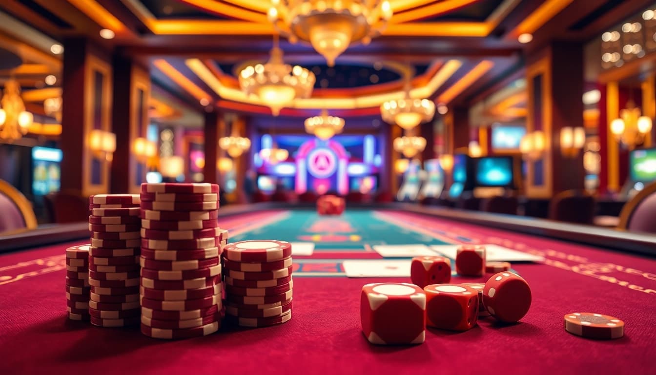 Permainan meja kasino bbni4d yang menonjol dengan chip dan kartu berwarna-warni.