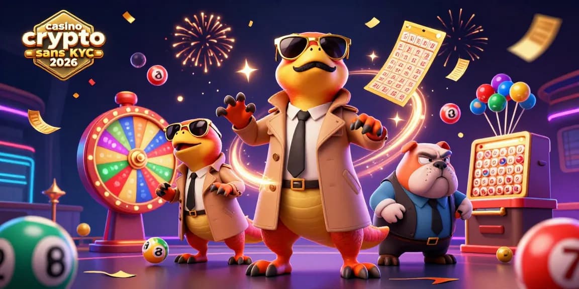 Illustration animée représentant un casino crypto sans KYC 2026 avec des raptors déguisés en personnages, attirant l'attention.