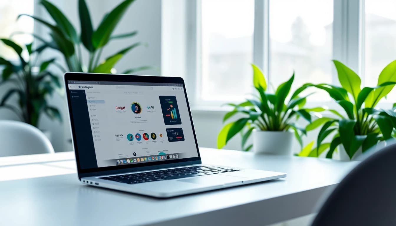 Engage with Brightet through a sleek laptop in a vibrant digital workspace.
