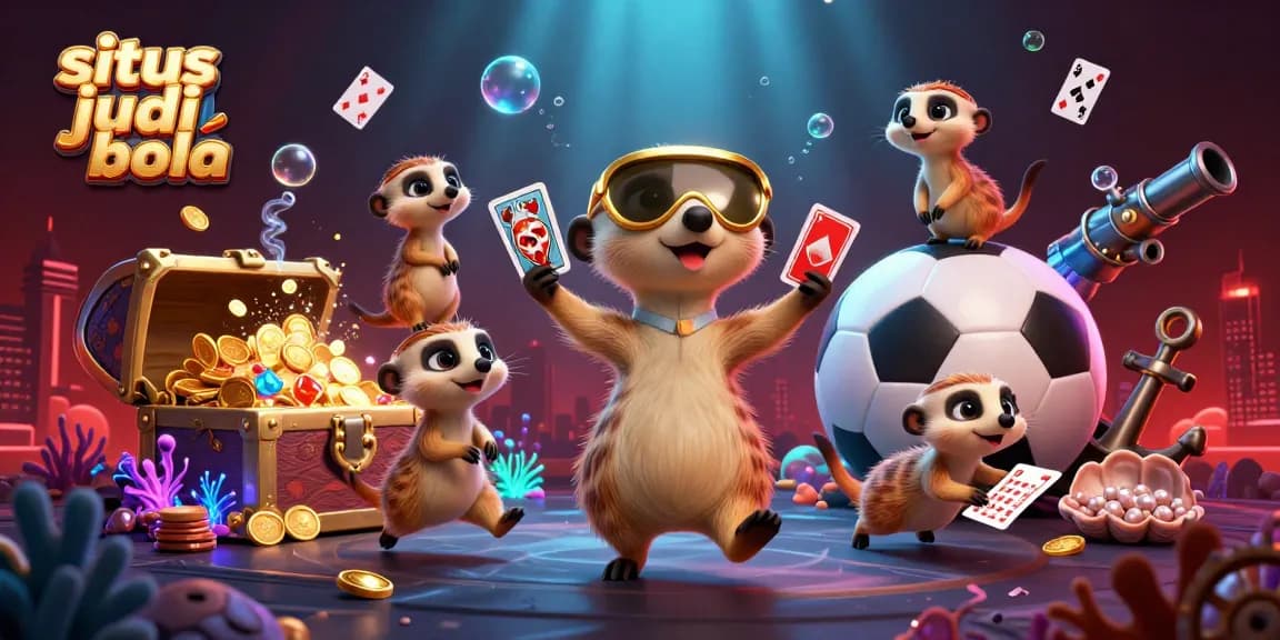 Situ judi bola scene with meerkats managing a sports betting operation featuring vibrant gaming elements in an underwater environment.