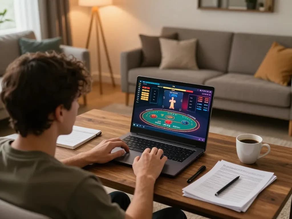 Engaged player using rr88 for online casino gaming, laptop showing live dealer action