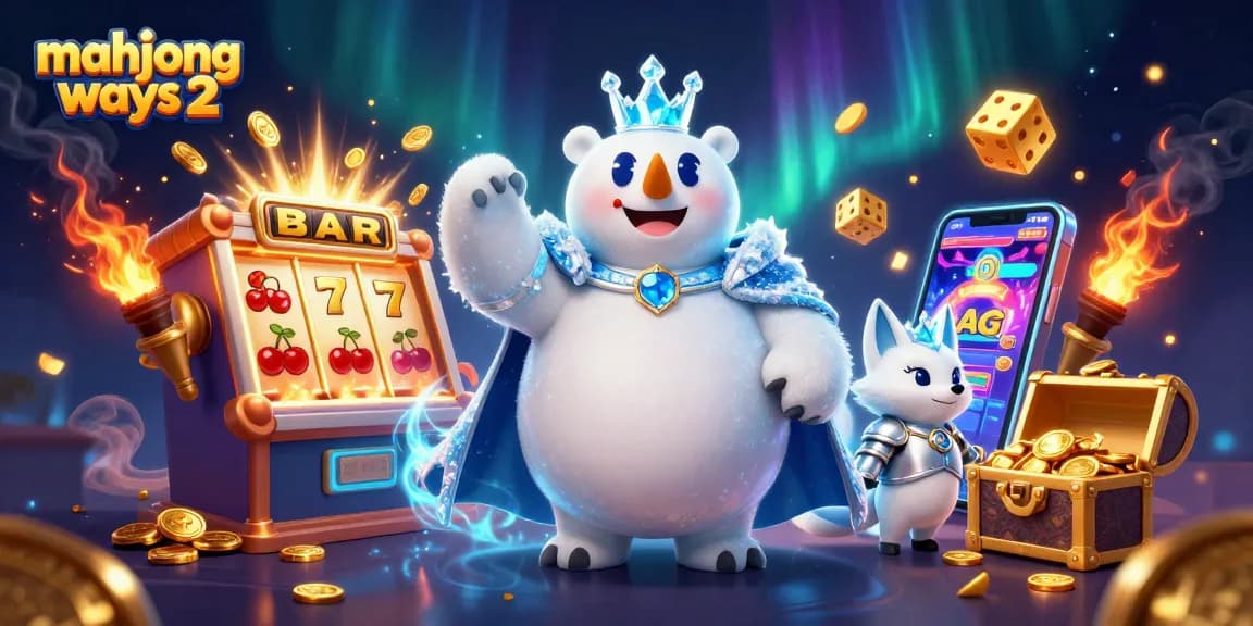 Engage with mahjong ways 2 through this vibrant 3D scene featuring a polar bear and snow fox amid casino elements.