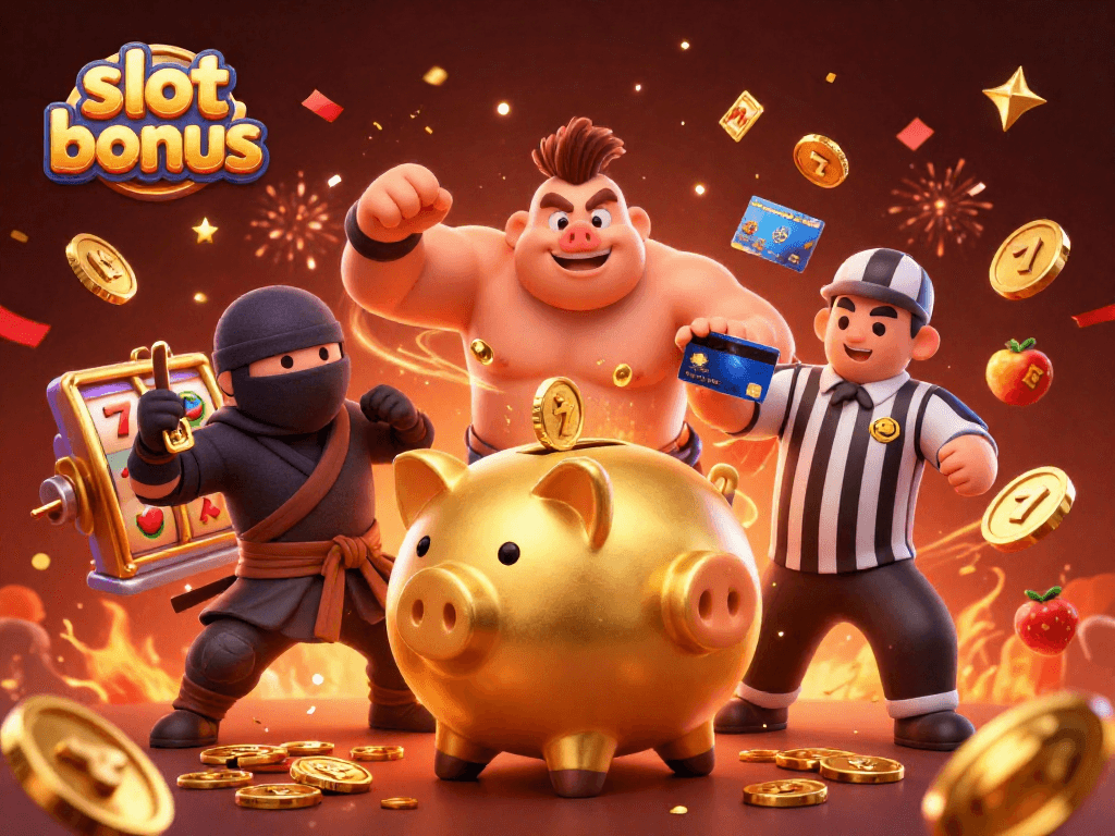 Experience the excitement of slot bonus wins with a dynamic 3D illustration featuring action-packed casino elements.