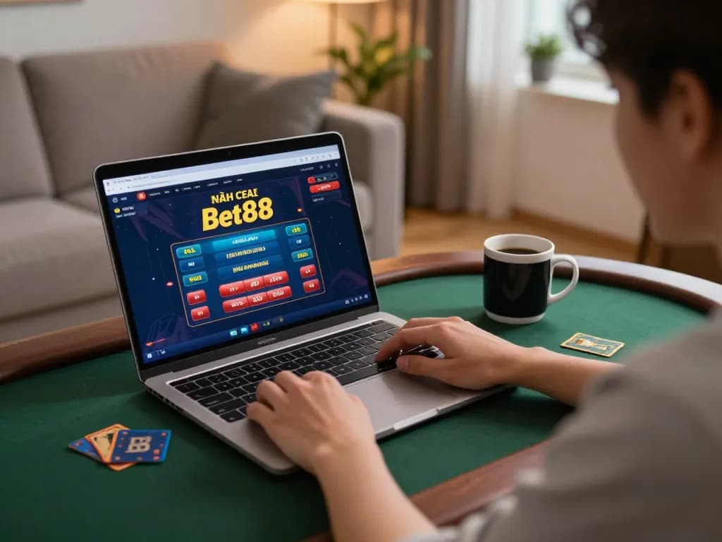 Engaging in online gaming at Nhà cái Bet88 with a laptop and cozy home setup