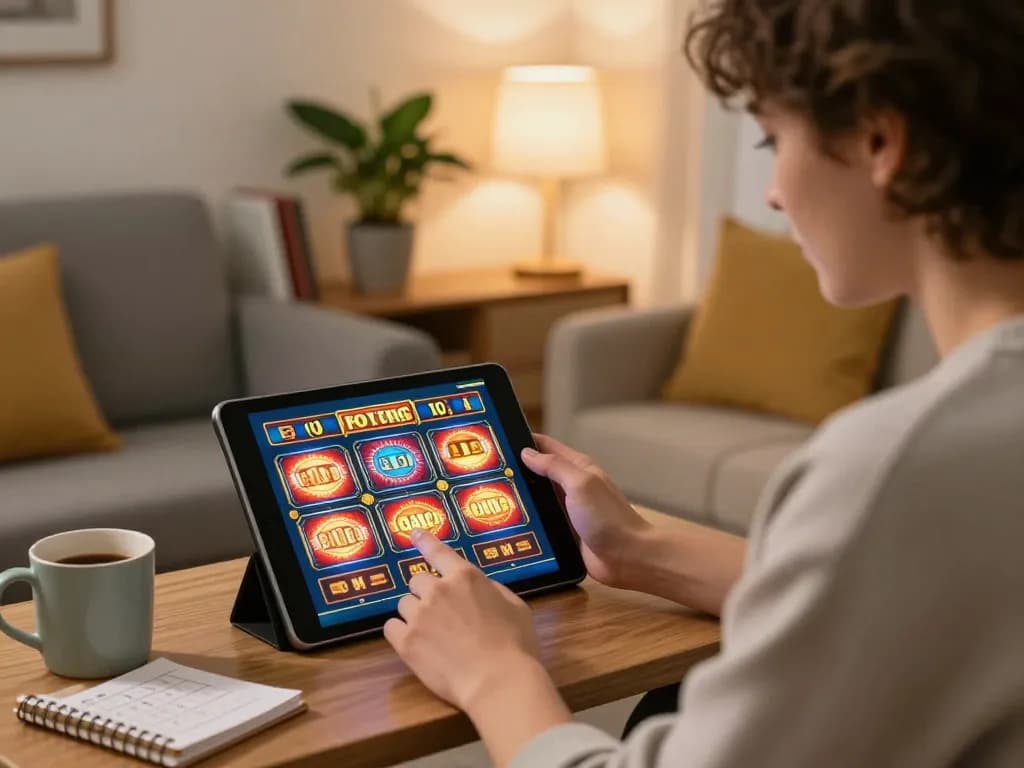 Engaged player using Nhà cái PUB88 app on tablet in cozy living room setup enjoying gaming experience