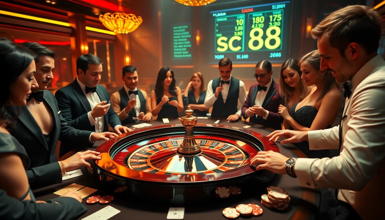 Gamblers engaging at a luxurious roulette table with sc88 inspired chips and cards.