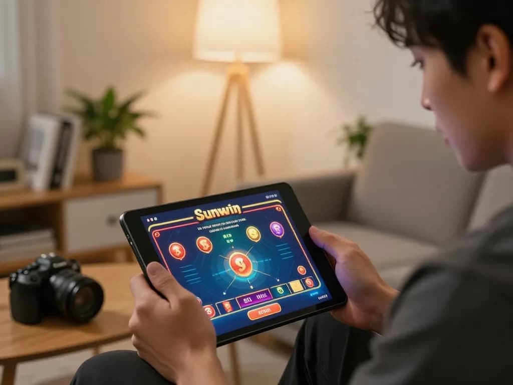 Engaged player enjoying Sunwin online gaming experience on tablet in cozy home setting.
