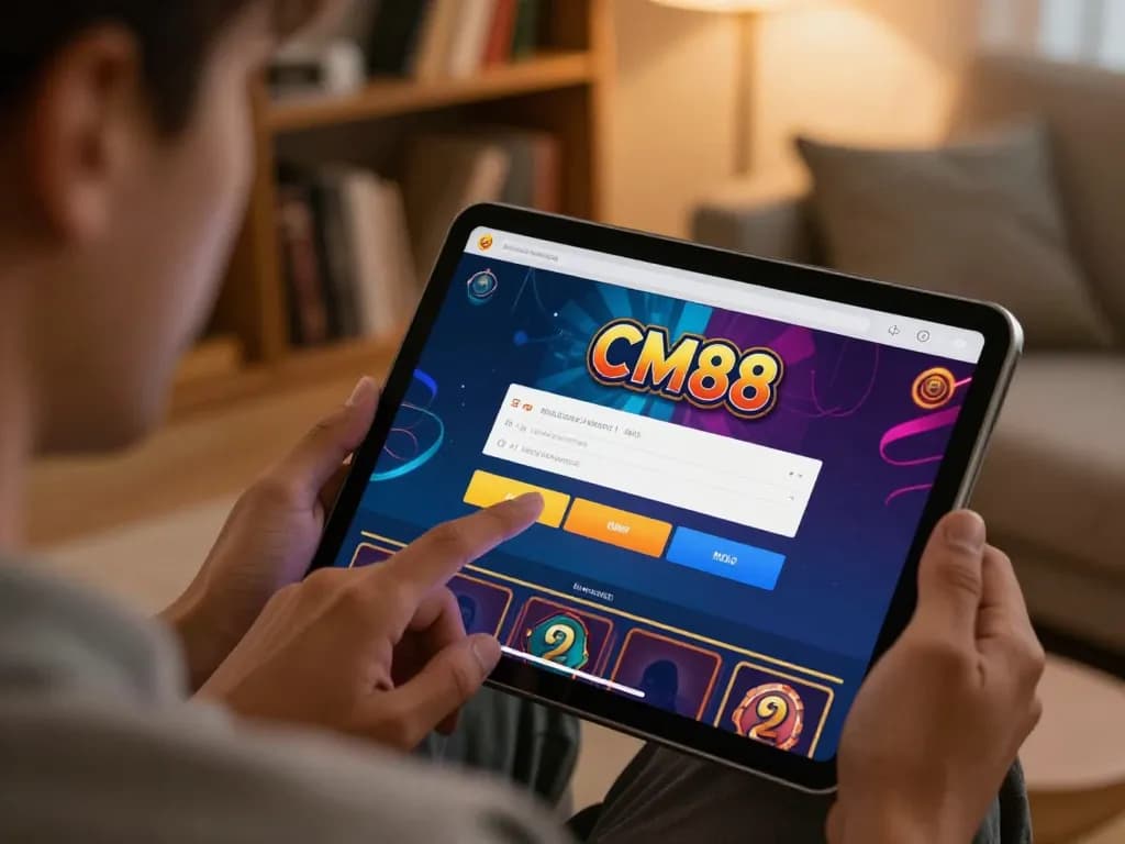 Engaging with Đăng nhập cm88 on a tablet in a cozy living room for online gambling.