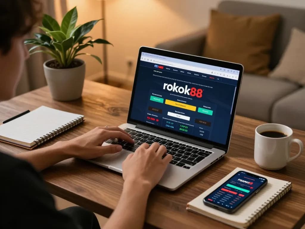Person engaging with rokok88 link on a sleek laptop in a cozy home setting, showcasing responsible online gaming.