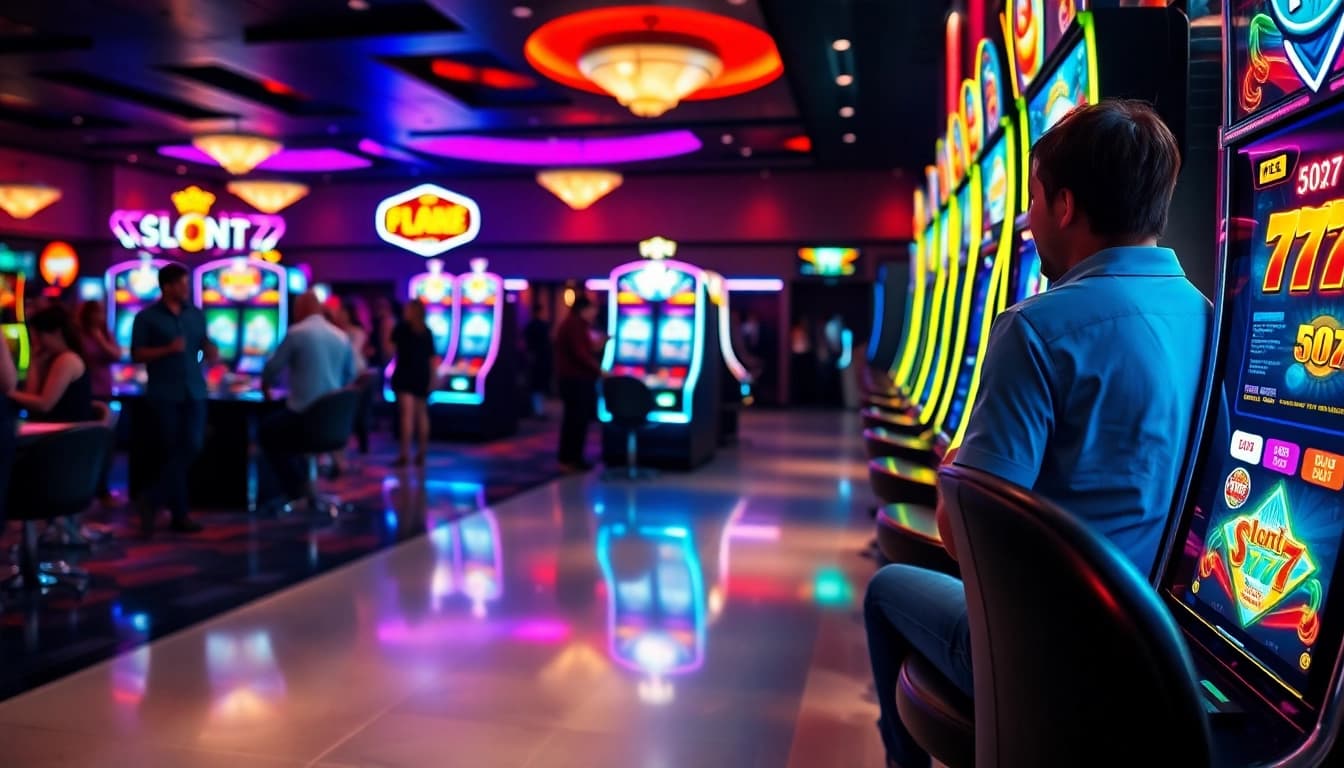 Main Slot77 gaming machine in an exciting casino atmosphere, engaging players with vibrant colors.