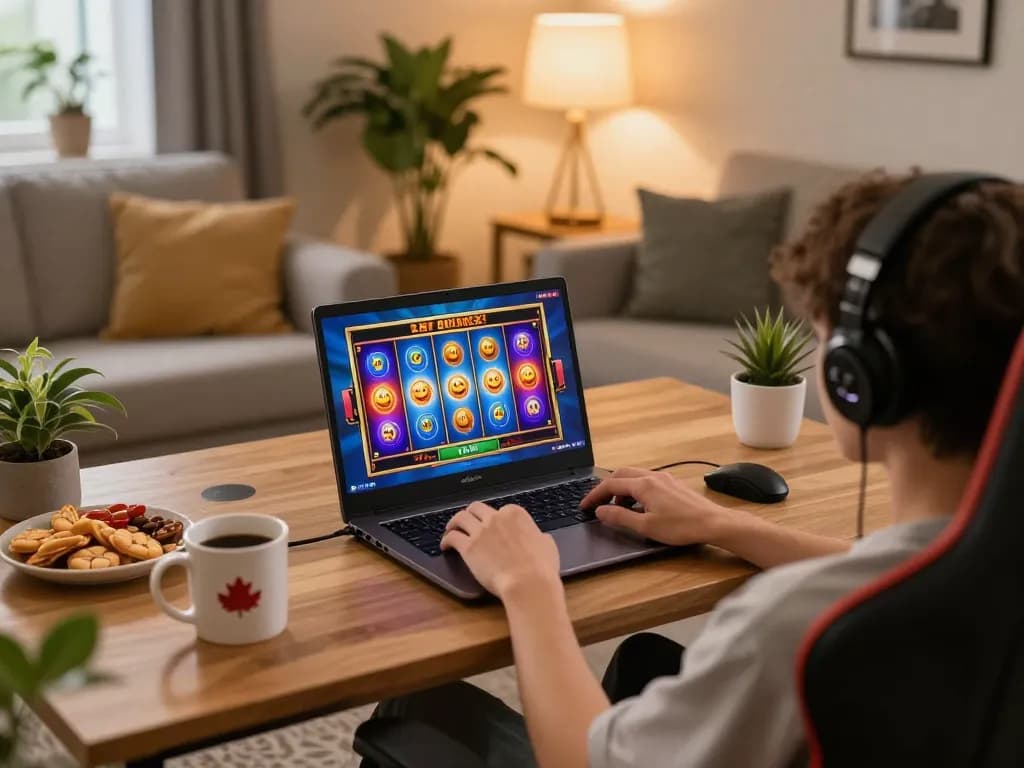 Engaging scene of online casinos Canada gaming at home with laptop, snacks, and warm ambiance.
