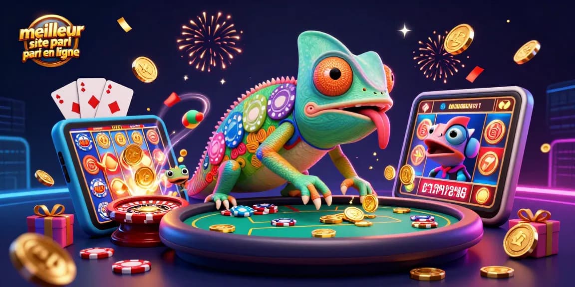 Visuel dynamique illustrant le meilleur site de pari en ligne avec un caméléon de casino captivant.