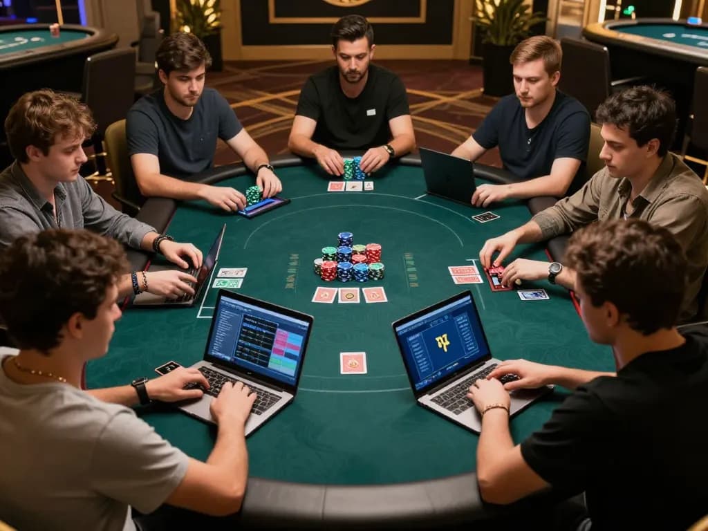Luck8 players immersed in strategic online poker betting at a stylish gaming table.