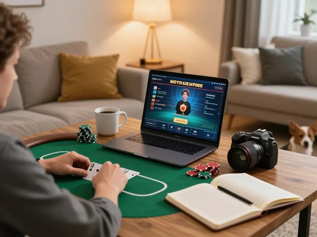 Engaged player enjoying poker at home on uu88ae platform, showcasing cozy gaming setup.