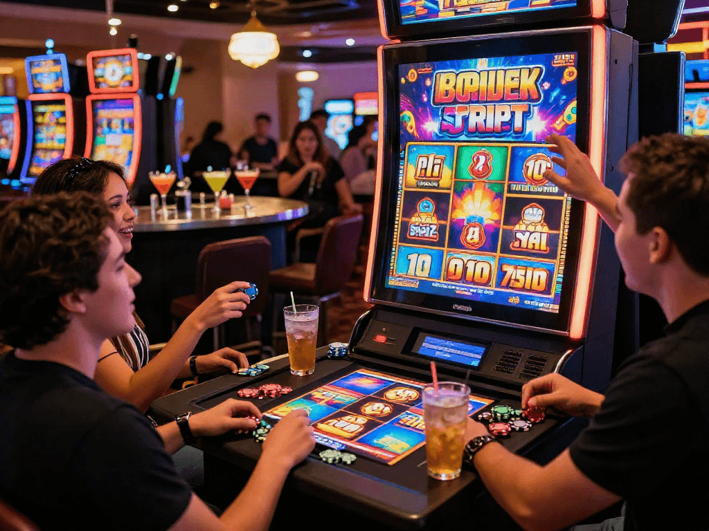 Excited players celebrating a slot bonus win in a vibrant casino setting with drinks and lights.