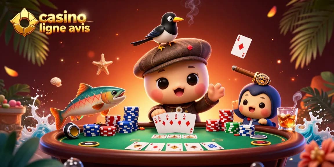Découvrez les avis des casinos en ligne avec un bébé Nessie et des éléments de poker colorés.