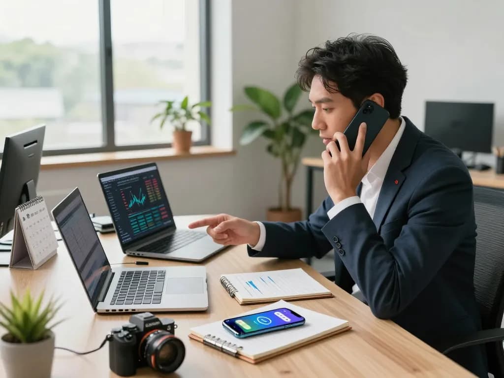 현대 사무실에서 모바일 금융 솔루션에 대해 논의하는 전문가와의 폰테크 나라 상담 장면.