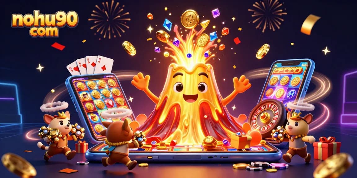Experience thrilling wins at nohu90 com with vibrant 3D casino elements and treasure in this exciting illustration.