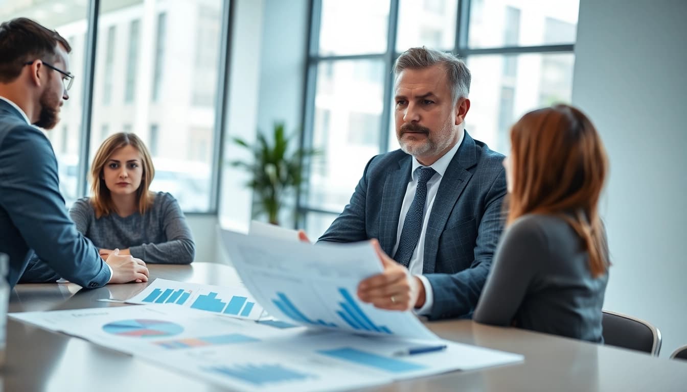 Engaging crisis management consultant leading a team discussion in a professional office environment.