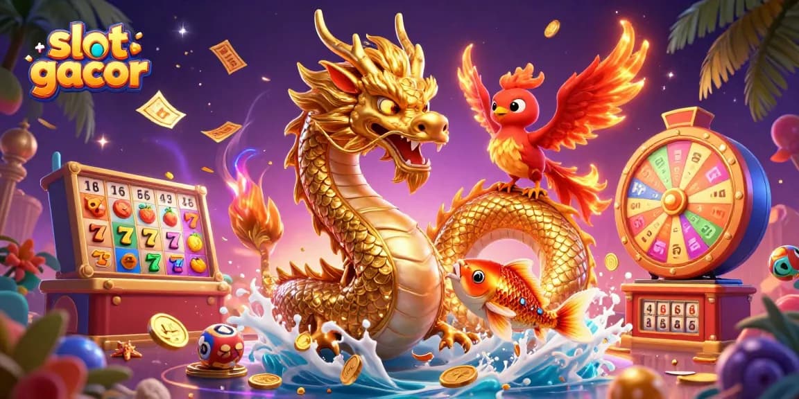 Melihat aksi slot gacor dengan naga kuning yang kuat dan simbol keberuntungan bersinar di atas laut koin.